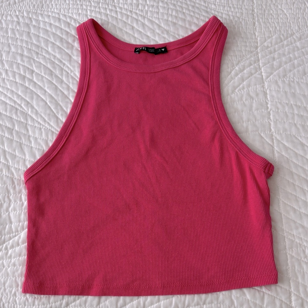 Zara Pink Ribbed Tank Top Racer Back Ultra Cropped Women’s Large - Picture 2 of 8